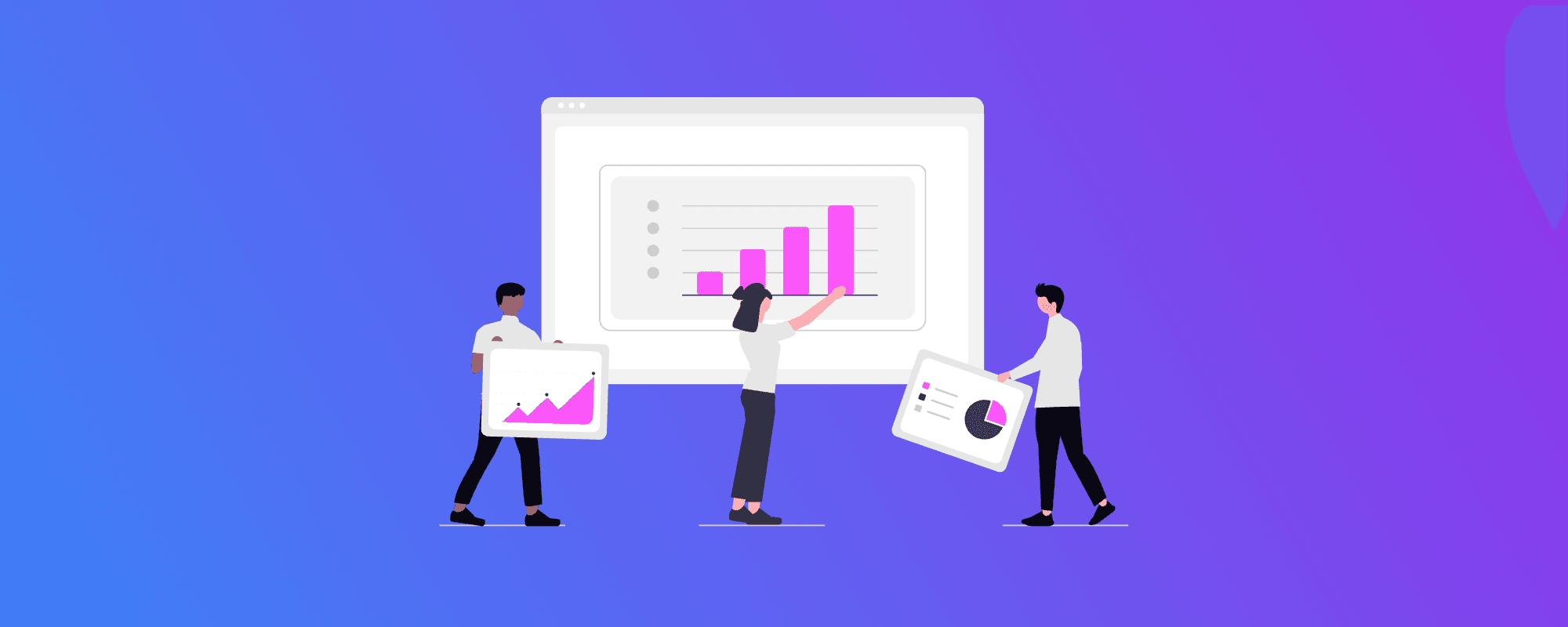 Illustrated charts arranged on a blue and purple background