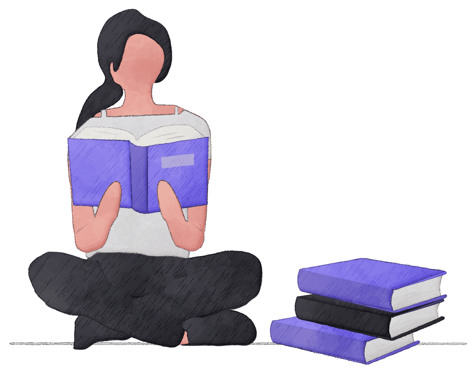 Pencil and watercolor illustration of a person reading next to a stack of books